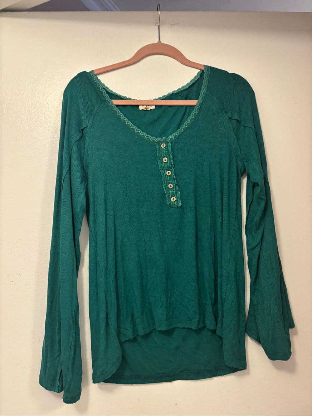 Pol cotton oversized Long-Sleeve Scoop Neck Henley Top in Teal